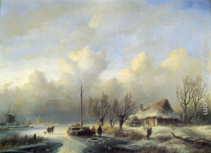 Figures in a winter landscape painting - Andreas Schelfhout Figures in a winter landscape art painting
